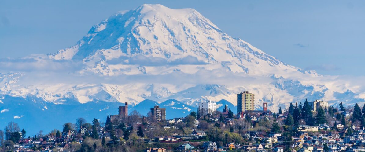 Photo of Mt Rainier overlooking the city of Tacoma.
